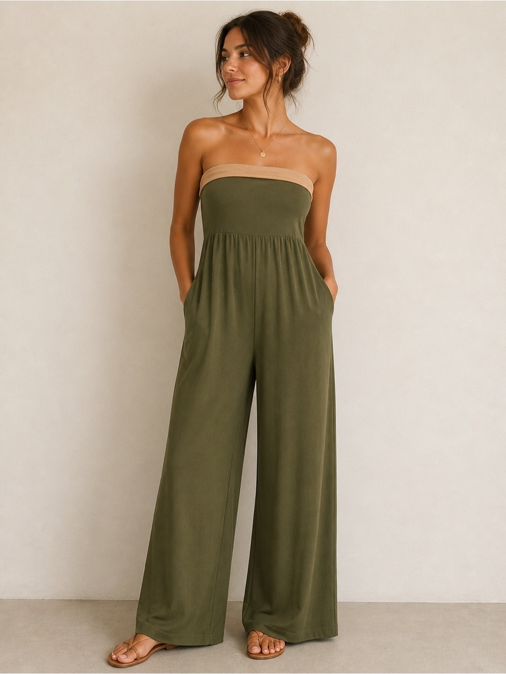 Strapless Olive Jumpsuit with Tan Contrast Trim